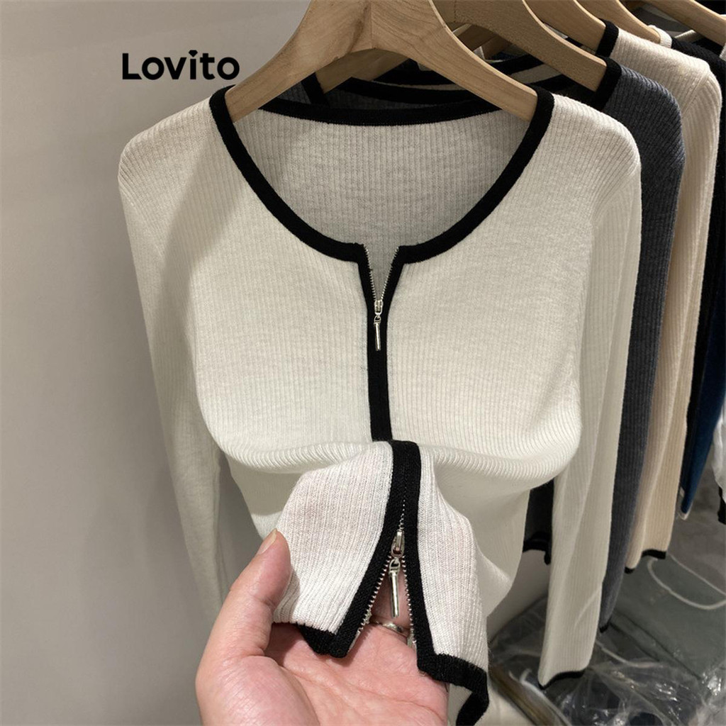 Lovito เสื้อคาร์ดิแกนผู้หญิง มีซิป สีพื้น สไตล์ลำลอง LNL62314