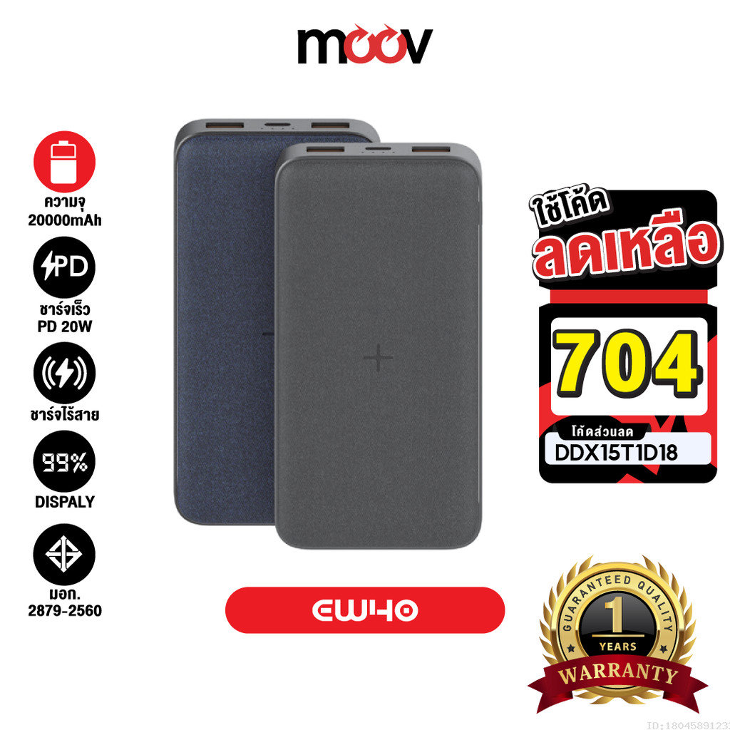 [704บ. โค้ดคุ้ม] Eloop EW40 แบตสำรองไร้สาย 20000mAh PD 20W Wireless PowerBank ชาร์จเร็ว USB Type C Orsen 100%
