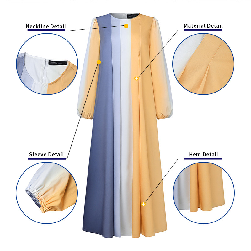 Zanzea ผู้หญิงมุสลิมลูกเรือคอ Contrast สีจีบแขนโคมไฟ Elasticized Cuffs Dresses