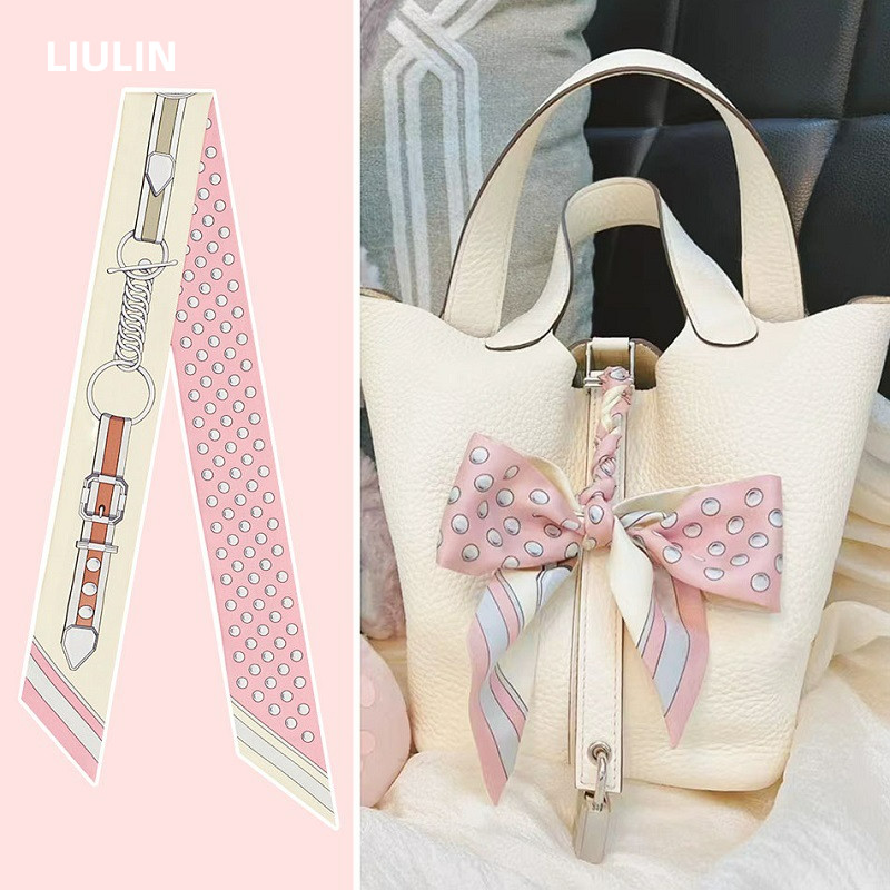 ผ้าพันคอไหมลายจุดสีชมพู ผ้าพันคอไหมสำหรับถือกระเป๋า ขนาด 86*5 ซม. สายรัดผมบางและแคบสำหรับตกแต่ง