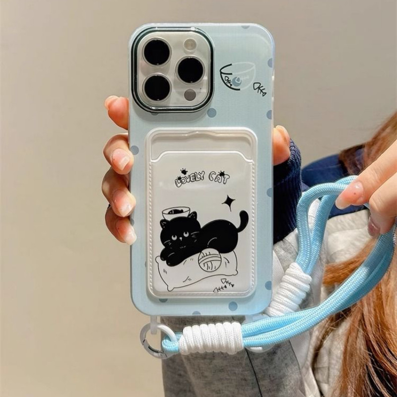 ตลกแมวดําเคสโทรศัพท์สําหรับiphone 11 12 13Pro Max 14Plus 15 16 Pro XR XS Max 7 8 Plus SE2020 การ์ตูนฝาครอบโทรศัพท์สําหรับIPhone 16Pro Maxนุ่มสาวเชือกGKB