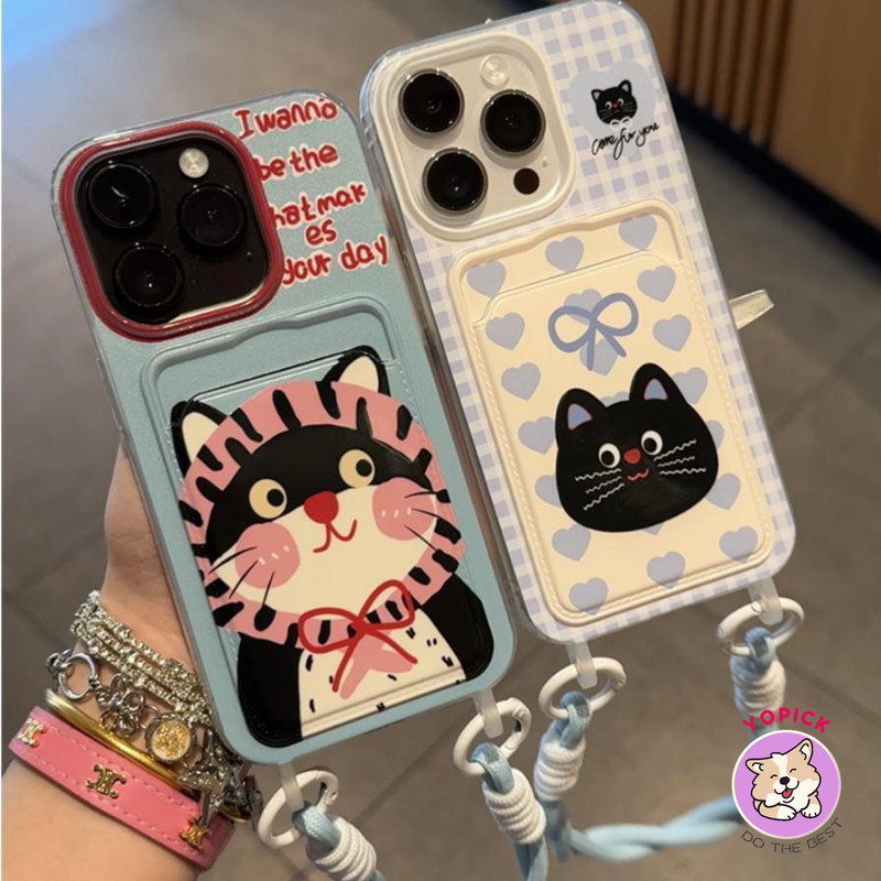 Love black Catเคสโทรศัพท์สําหรับiPhone 11 12 13Pro Max 14Plus 15 16 Pro XR XS Max 7 8 Plus SE2020 การ์ตูนฝาครอบโทรศัพท์สําหรับIPhone 16Pro Maxนุ่มสาวเชือกGKB