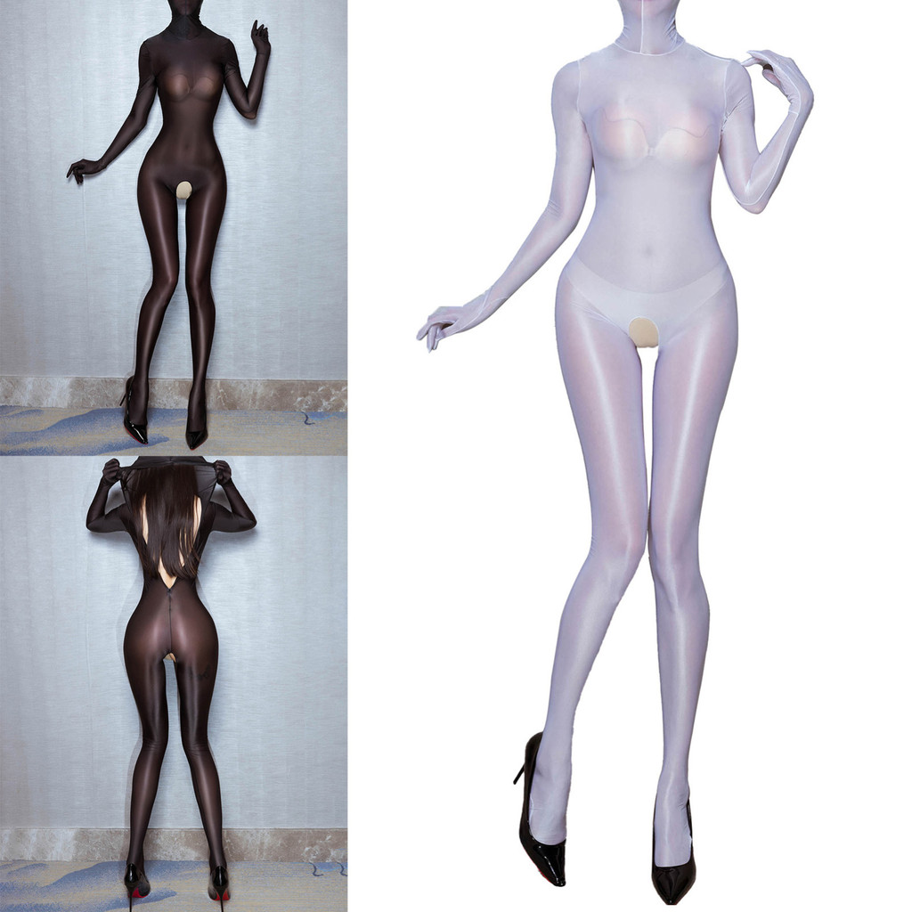 Nikiikoo Womens Glossy Full Body Stretch Tights บอดี้สูท Crotchless ซิปหลัง See-Through Bodystocking Tempting Midnight Wear