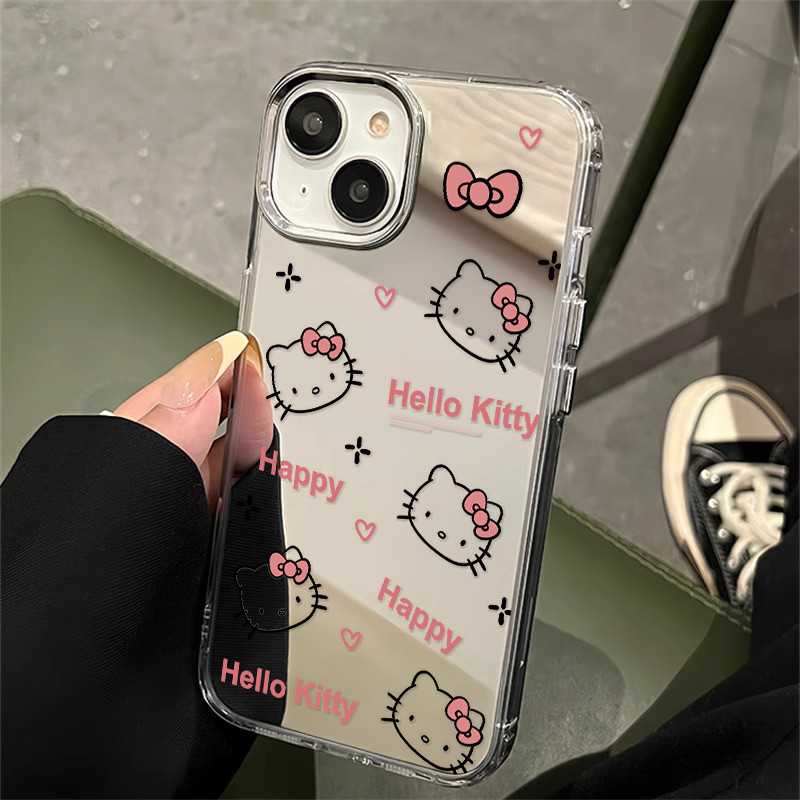 เฮลโลคิตตี้สุดน่ารักเคสโทรศัพท์กระจกเงา For iphone 11 12 13 14 15 16 Pro MAX 14P XR XSMAX 7Plus เคสป้องกันกระจกแต่งหน้า