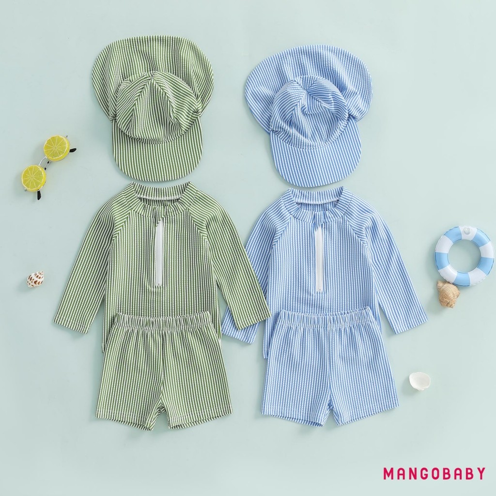 MG-Toddler Boy Rash Guard ชุดว่ายน้ําลายพิมพ์แขนยาวคอจําลองพร้อมกางเกงขาสั้นและหมวกว่ายน้ําชุดว่ายน้