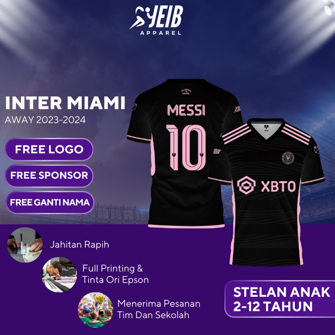 INTER MIAMI AWAY KIDS TOP JERSEY 2023 2024 MIAMI LEAGUE พิมพ์เต็ม DRYFIT MILANO MATERIAL ฟรี NAME