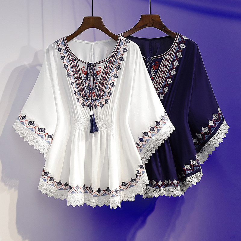 แฟชั่น Retro Slimmer ดูผู้หญิงสไตล์ตะวันตกลดอายุพิมพ์ครึ่งแขนรอบคอเสื้อชีฟองผู้หญิง K6PS