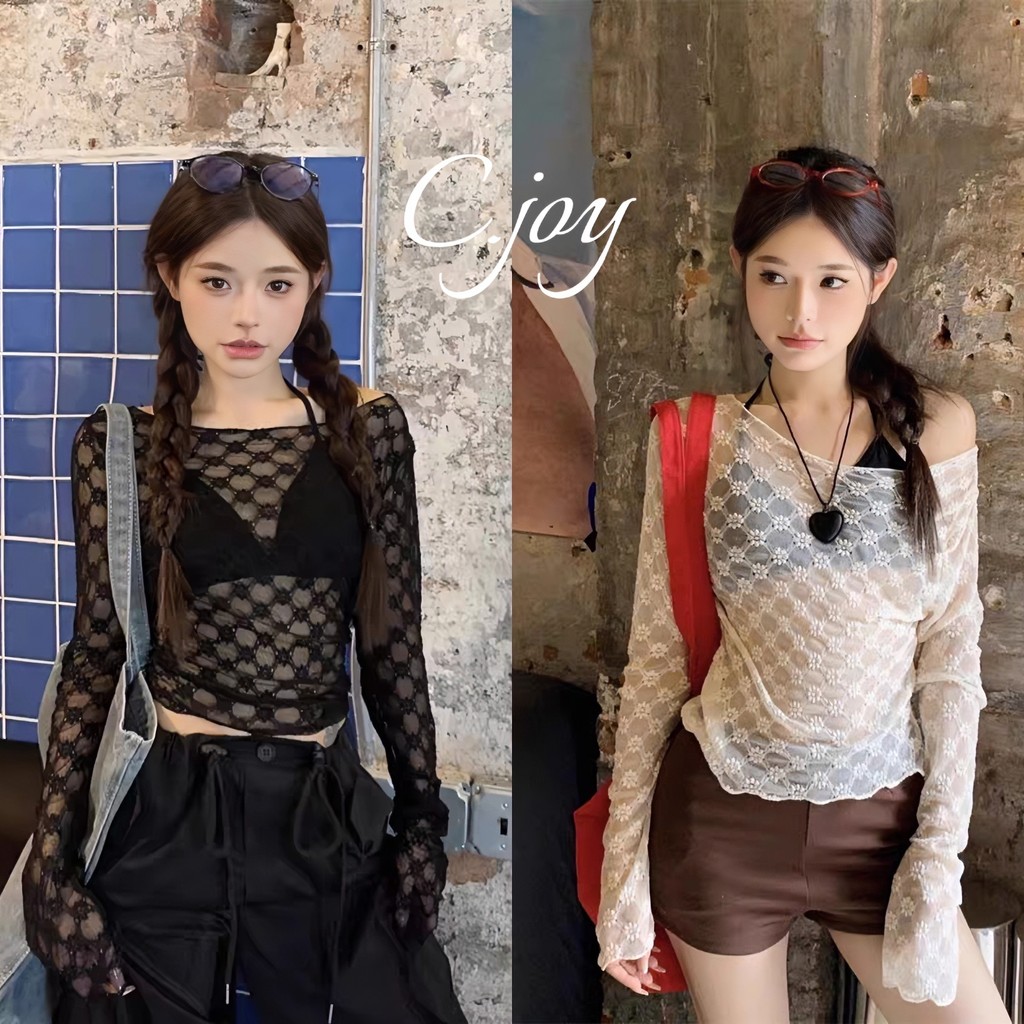 C.Joy💓2025 เสื้อยืดคอกลมแขนยาวผ้าตาข่ายลูกไม้โปร่งใสเซ็กซี่สำหรับผู้หญิงในช่วงฤดูร้อน เสื้อเชิ้ตสีดำ