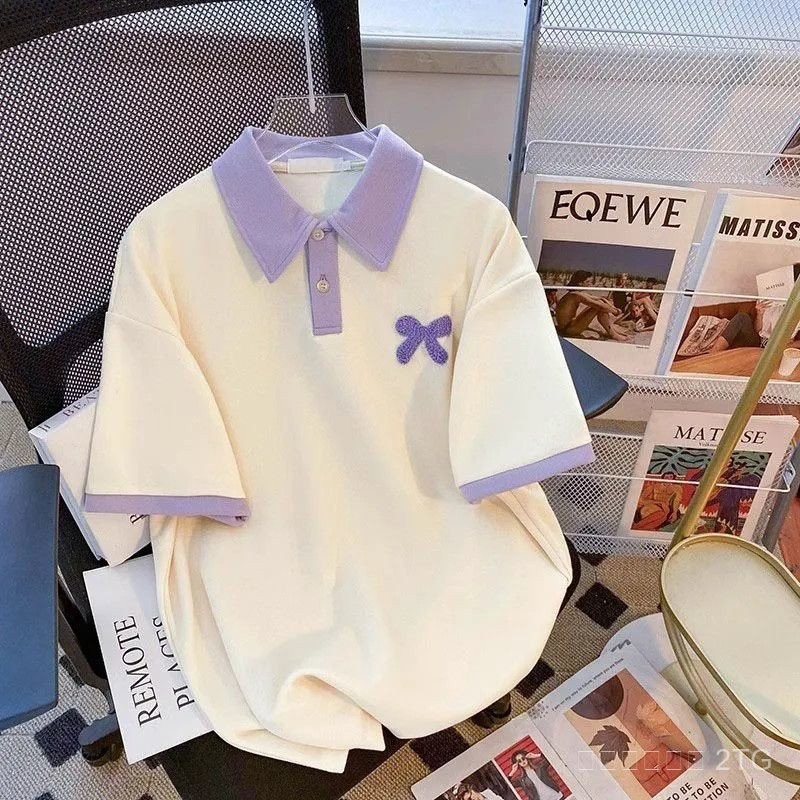 ท็อปเสื้อยืดแขนสั้นคอโปโลปักลาย สำหรับผู้หญิง ขนาดใหญ่ใหม่ สไตล์หลวม สีสันหลากหลาย 5CRQ