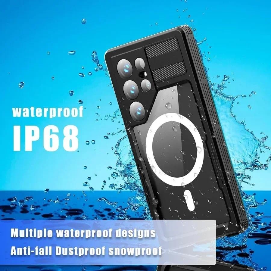 IP68 เคสโทรศัพท์แม่เหล็กกันน้ําสําหรับ Samsung S26 S25 S24 Ultra S24 Plus กันฝุ่นดําน้ําท่องว่ายน้ําพร้อมตัวป้องกันหน้าจอ