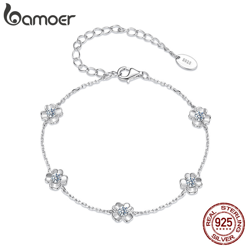 Bamoer สร้อยข้อมือเงินแท้ 925 Four-leaf Clover Moissanite เครื่องประดับของขวัญสําหรับผู้หญิง
