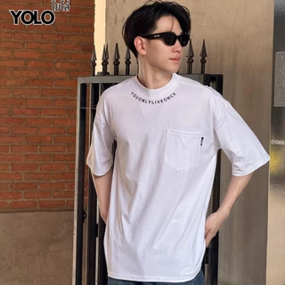 YOLO เสื้อยืด OVERSIZE เสื้อยืดแขนสั้น คอกลม แขนสั้น สีพื้น ลายปัก Y2364