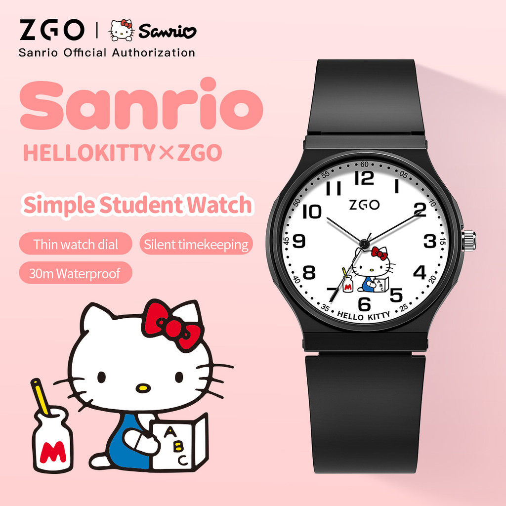 Zgo Sanrio HelloKitty Kuromi นาฬิกาสำหรับสาวนักเรียน30เมตรกันน้ำเงียบสอบโรงเรียนน่ารักสบายๆของขวัญ8522