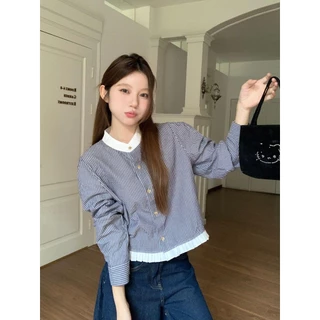 Mimi&Didi เสื้อเชิ้ตคอกลมแขนยาวลายทางเกาหลีสีตัดกันแขนสั้นหวานอเนกประสงค์ ทรงหลวม การออกแบบปุ่มสีทอง สำหรับผู้หญิง#W594