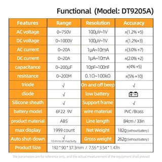 DT9205A มัลติมิเตอร์แบบหนีบ/แบบปากกา ดิจิตอล แอมมิเตอร์ DC/AC โวลต์มิเตอร์ แรงดันไฟฟ้า ความต้านทาน ความจุ ไดโอด อุณหภูมิ แอมป์ Hz โอห์ม การวัด ช่วงอัตโนมัติ การทดสอบ NCV เครื่องมือช่างไฟฟ้า