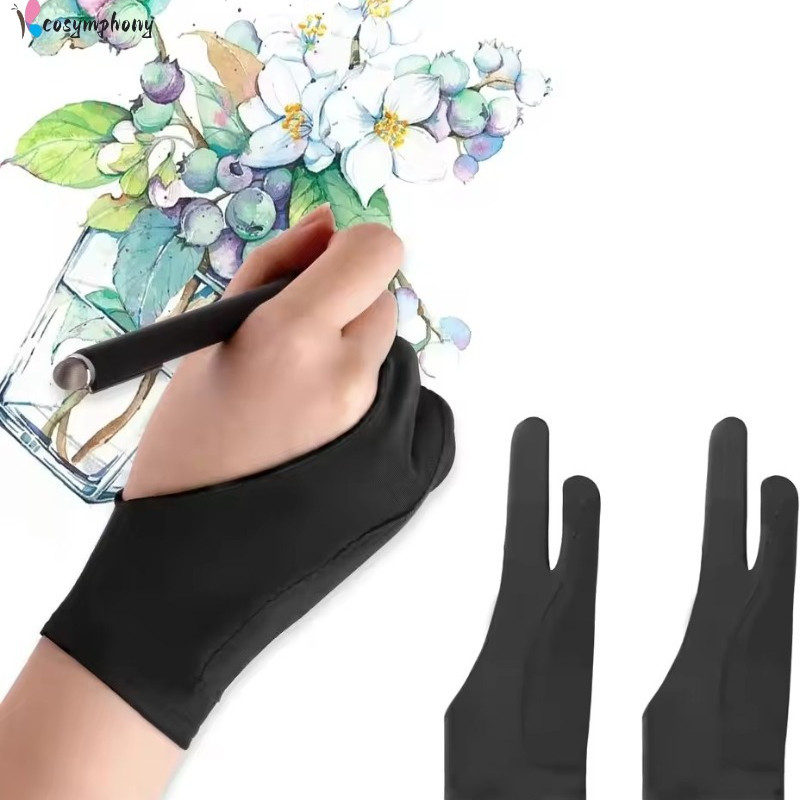 ถุงมือวาดรูปสําหรับแท็บเล็ตกราฟิกสองนิ้วป้องกันรอยเปื้อนลดแรงเสียดทานเข้ากันได้กับหน้าจอสัมผัสซ้ายขวามือสีดํา
