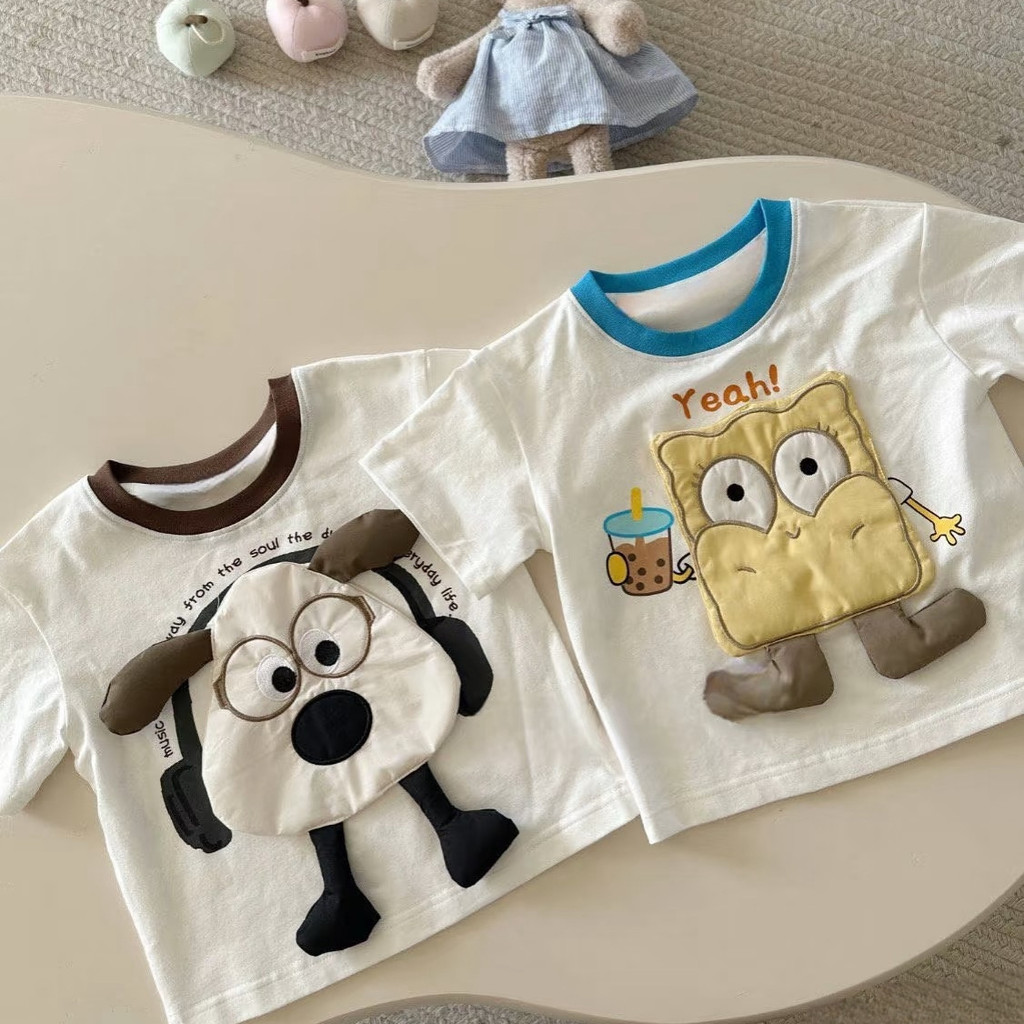ฤดูร้อน เสื้อยืดแขนสั้น 3D การ์ตูนสำหรับเด็กชายและเด็กหญิง ลายสีบล็อก น่ารัก ลูกสุนัข เสื้อสไตล์เด็กชาย
