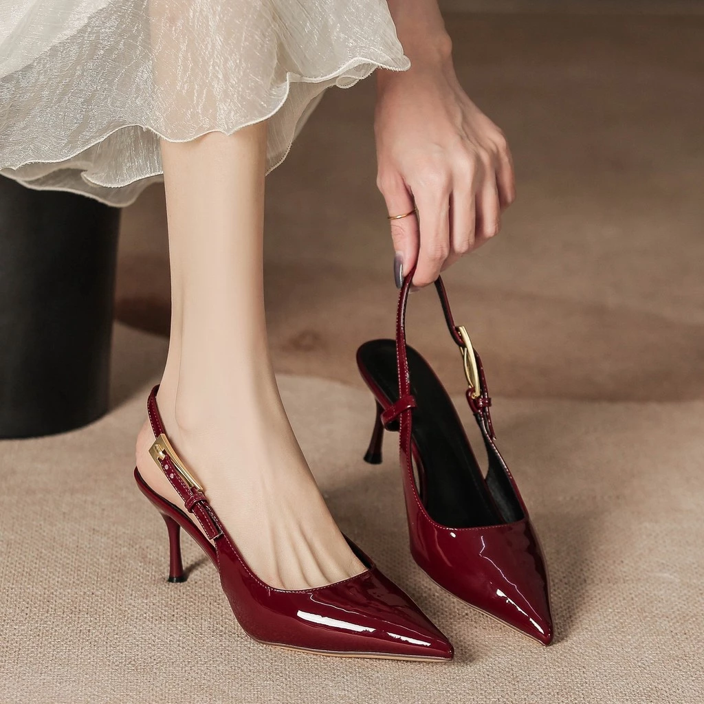 รองเท้าส้นสูงผู้หญิง Stiletto Heel Pointed Toe รองเท้าแตะสายรัดแบน