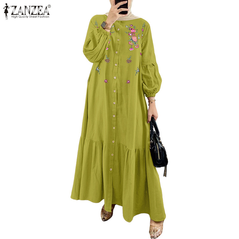 ZANZEA ซานเซีย ชุดเดรสยาวแขนโคมไฟเย็บปักถักร้อยแฟชั่นมุสลิมสําหรับผู้หญิง