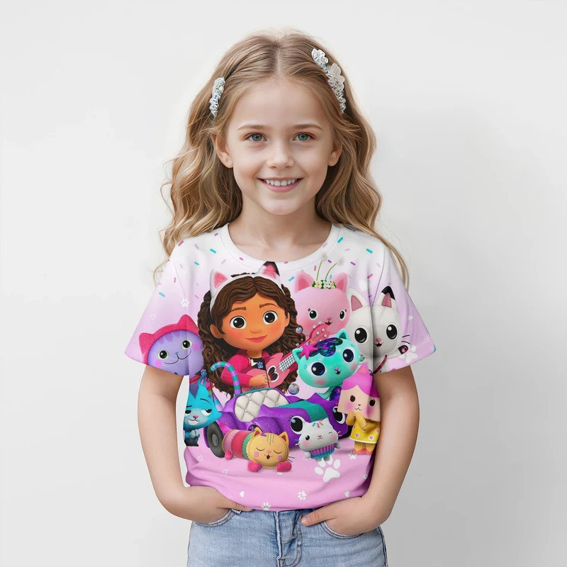 ใหม่ Gabby's dollhouse 3D พิมพ์การ์ตูนเสื้อยืดเด็กผู้หญิงแขนสั้นฤดูร้อนเสื้อผ้า