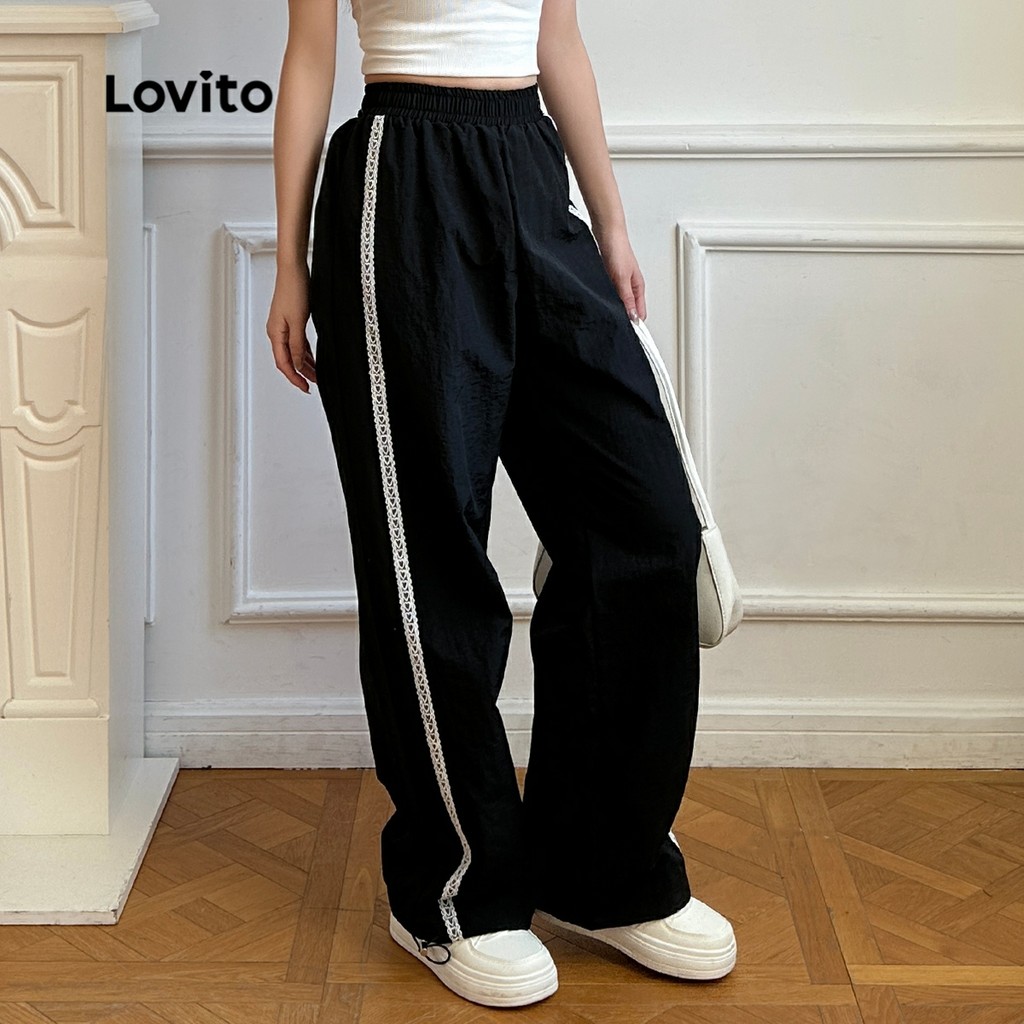 Lovito กางเกงขายาวทรงลำลองสีพื้นตัดกันสำหรับผู้หญิง L108ED232