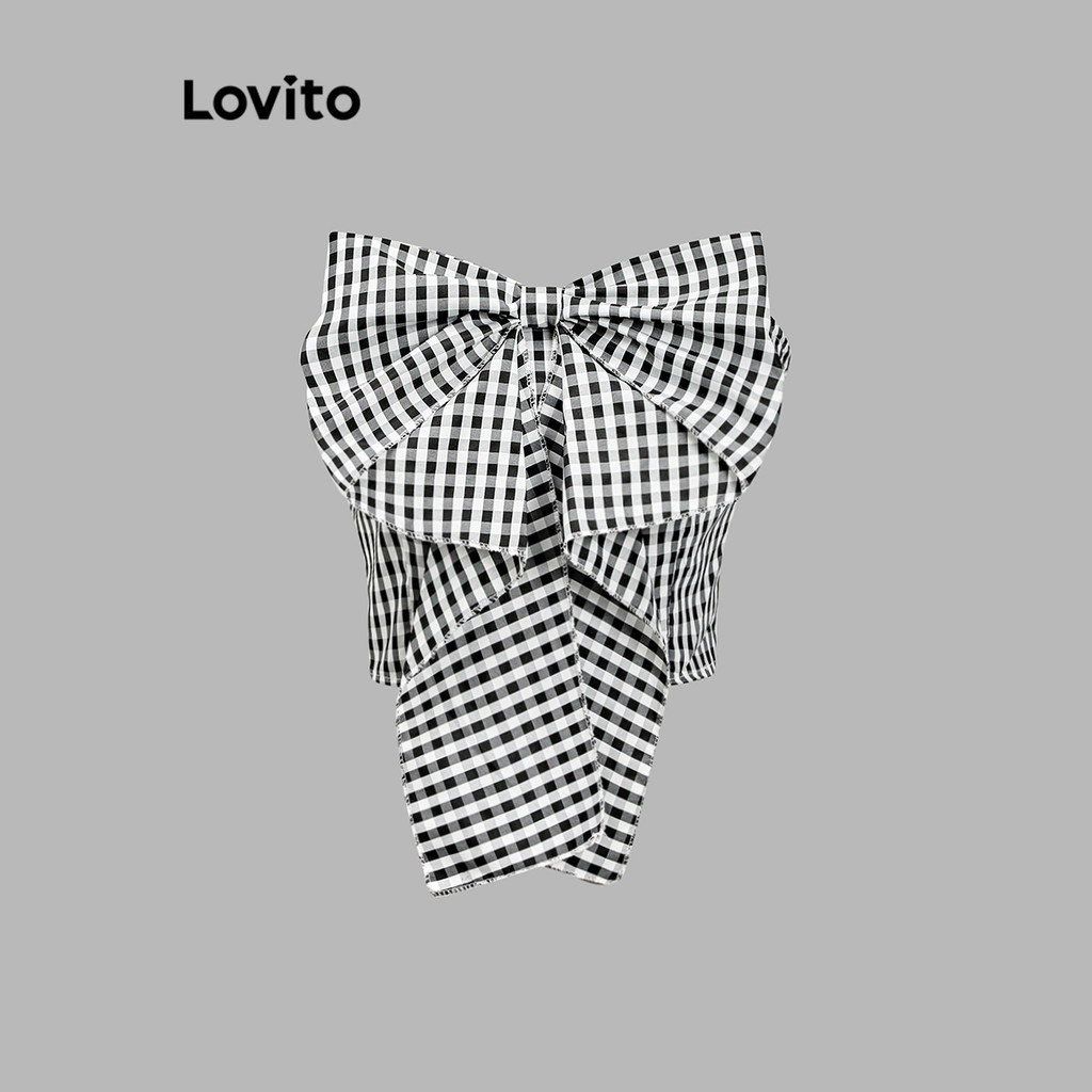 Lovito เสื้อกล้ามลายสก็อตผูกโบว์เปิดหลังสุดหรูหราสำหรับผู้หญิง L109MD547