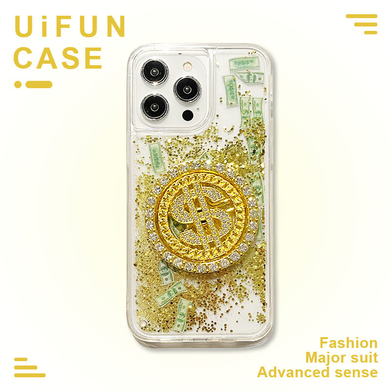 หรูหราหมุน Jewelled Dollar Gold Glitter Quicksand เคสโทรศัพท์สําหรับ iPhone 15 14 Plus 13 12 11 Pro Max Xr X Xs โปร่งใสปกหลัง Shock Proof อะคริลิค Hard Casing