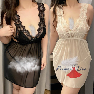 PEEMAI LIVE  ชุดนอนสาวอวบผ้าซีทรู ชุด+จีสติง(XL-3XL) ชุดนอนเ…