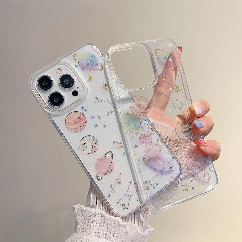 สําหรับ iPhone 16 15 Pro Max 14 13 12 11 Pro X Xs Max XR 14 Plus โปร่งใส Glitter Gradient Star Planet กรณี