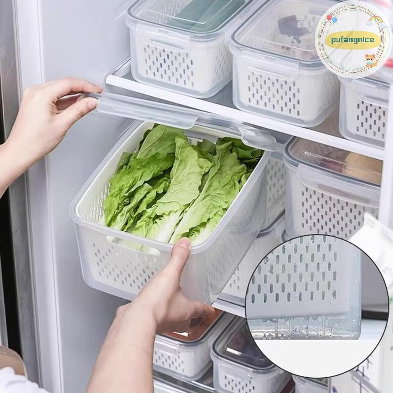 Pufangnice ผลไม้ผักการเก็บรักษากล่องโปร่งใส Double-Layer พร้อมตะกร้าท่อระบายน้ําปิดผนึกพร้อมฝาปิดห้องครัวตู้เย็นกล่องเก็บ TH
