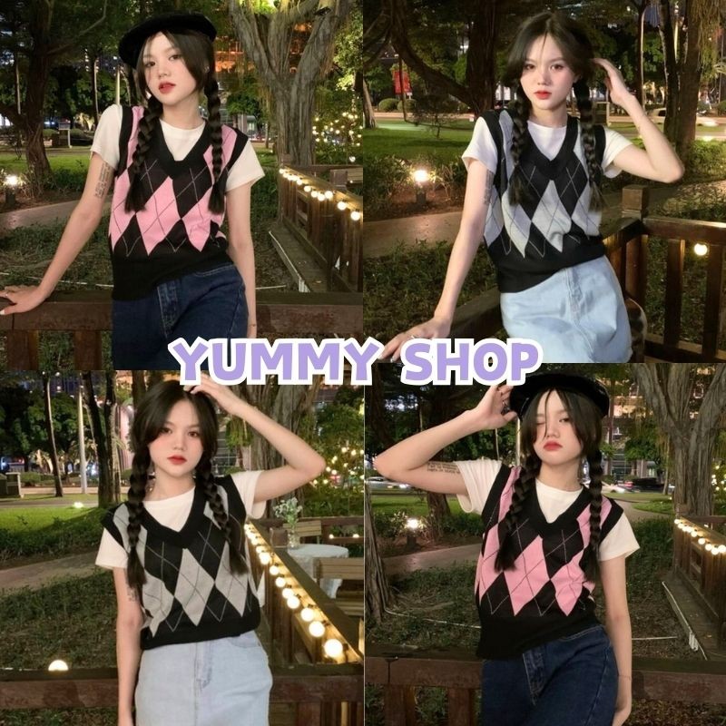 🎀Yummy Shop🎀พร้อมส่ง 【23145】เสื้อกั้กไหมพรม ลายตารางหมากรุก น่ารัก