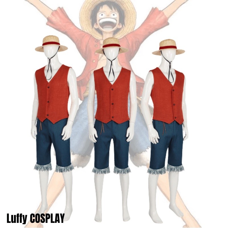 One Piece Luffyฮาโลวีนคอสเพลย์เครื่องแต่งกายชุดเสื้อผ้าชุดหมวกสําหรับชายผู้ใหญ่ Dress-up Play กิจกรรมชุด