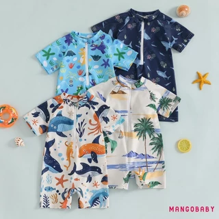 (จัดส่งในกรุงเทพฯ)- ชุดว่ายน้ําเด็กผู้หญิง Shark พิมพ์แขนสั้น Mock คอ Zip Up Rash Guard ชุดว่ายน้ํา