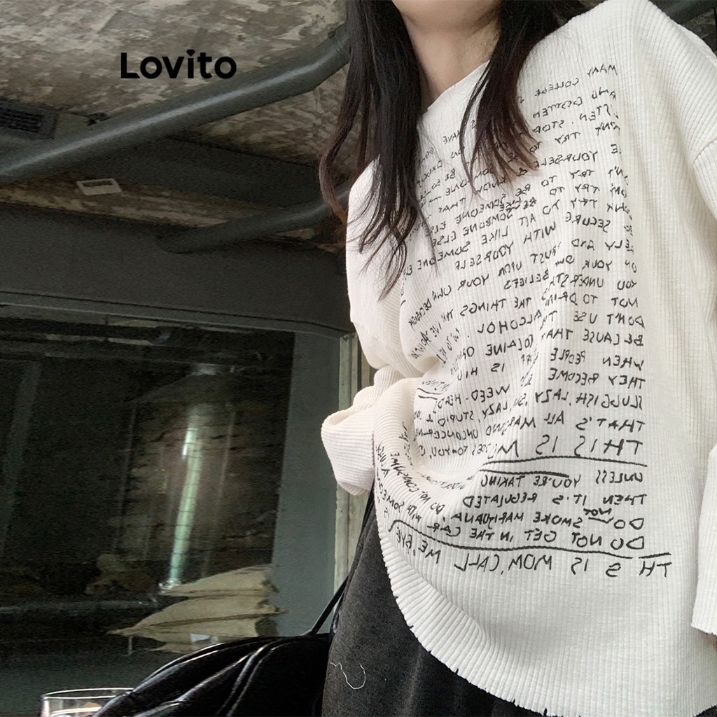 Lovito เสื้อยืดผู้หญิง ผ้าร่อง ลายตัวอักษร สไตล์ลำลอง LNE30192 (หลากสี)