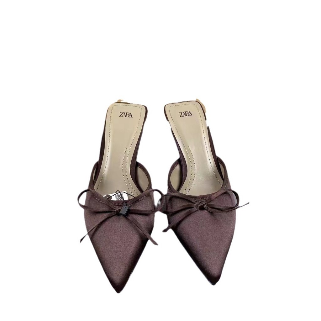100% ZARA-รองเท้าส้นสูงผู้หญิง Bowknot Pointed Stiletto Heels รองเท้าแตะแฟชั่น