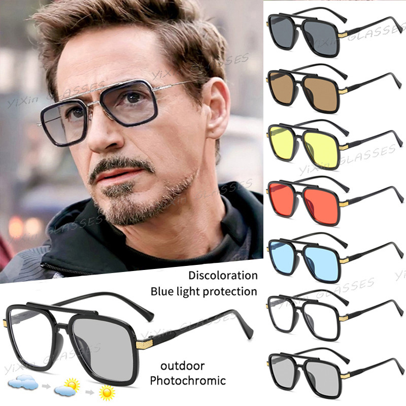 Photochromic Polarized Shades แว่นตากันแดดสําหรับชาย Iron Man แว่นตาสแควร์สีดํา Vintage Marvel Superhero ขับรถแว่นตากันแดด