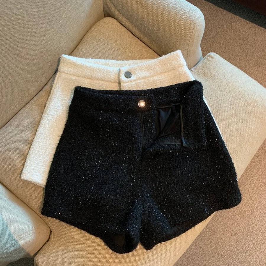 กางเกงขาสั้นผ้าขนสัตว์แฟชั่นลําลองผู้หญิงฤดูใบไม้ร่วงฤดูหนาวออกแบบหนาเอวสูง ก-เส้น กางเกงขากว้าง