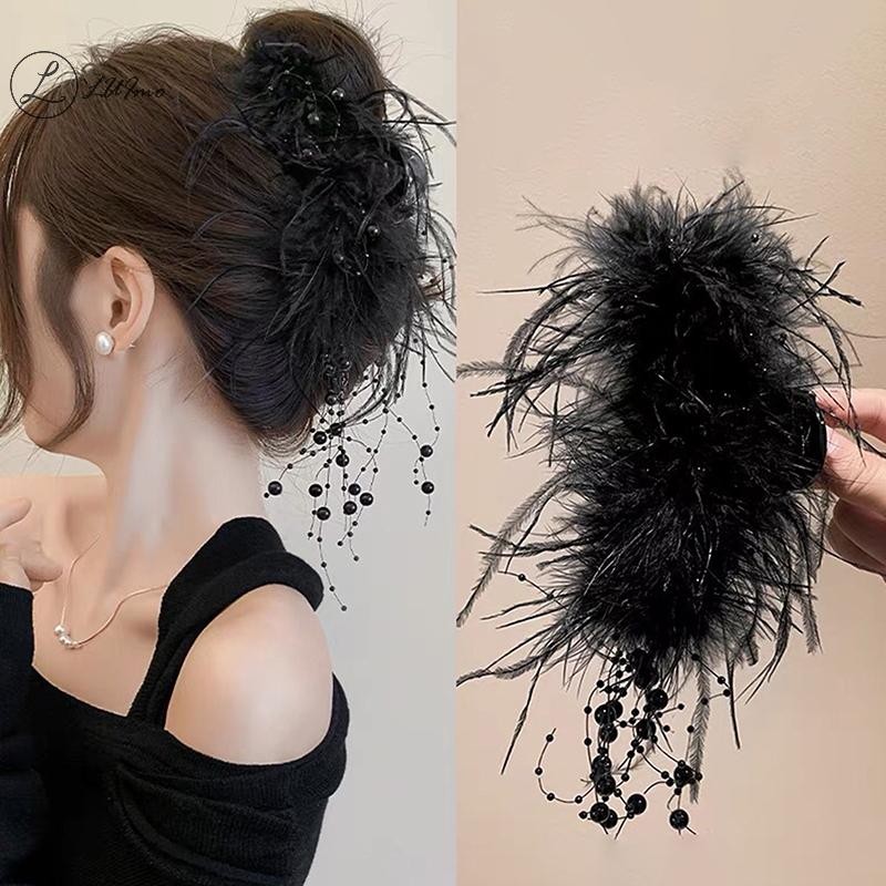 Luimo สีดํานกกระจอกเทศ Feather กิ๊บติดผมสาว Hairpin Soft Feather ผม Claws คลิปฉลามอุปกรณ์เสริมผู้หญิงอุปกรณ์เสริมผม Headwear ใหม่