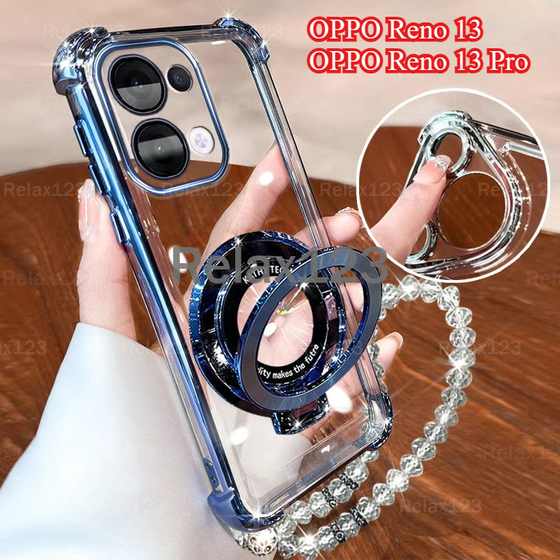สําหรับ OPPO Reno 13 Pro 5G Reno13 Reno13Pro 5G ปลอกเชือกแขวน 2024 Soft Clear สี่มุมหนาชุบซิลิโคนเคสโทรศัพท์พร้อมขาตั้งแม่เหล็กฝาหลัง