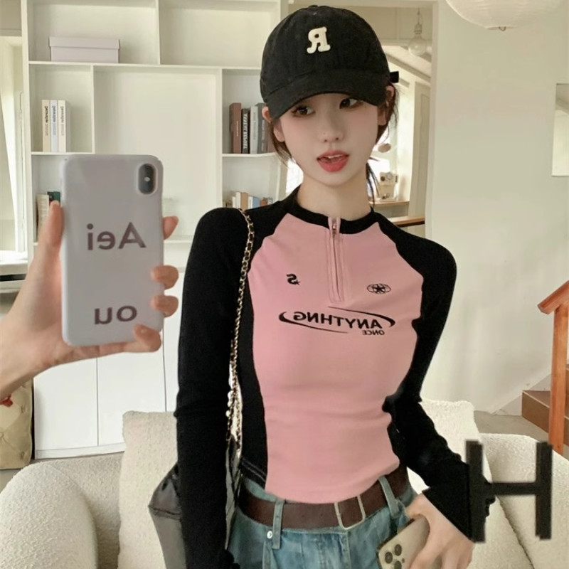 Solovely ผู้หญิง สไตล์เกาหลี เดรสสั้น เสื้อครอป งานปัก ซิปครึ่งตัว แขนยาว เสื้อยืด