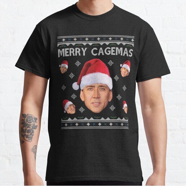 Merry Cagemas Christmas Nicolas Cage ถักเสื้อยืดตลก