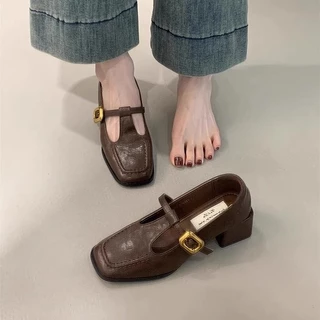 รองเท้าส้นสูงหัวเหลี่ยมส้นหนาผู้หญิงมีปากตื้น