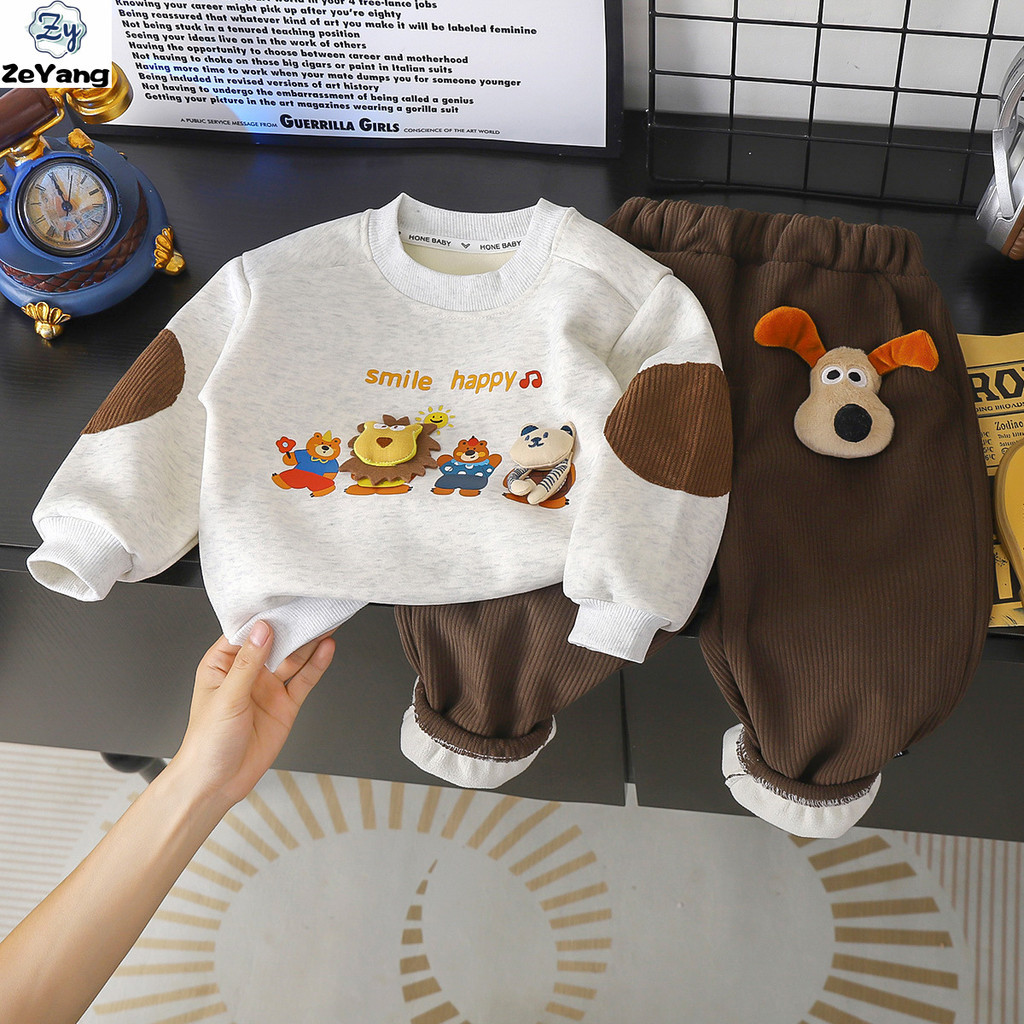 [ZY] 70-150 เด็กขนแกะเสื้อกันหนาวชุดผ้าฝ้ายหนาอบอุ่นชุดฤดูใบไม้ร่วงและฤดูหนาวเด็กกางเกงลำลองเสื้อผ้าอบอุ่น