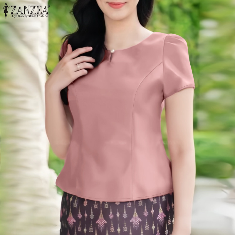 ZANZEA เสื้อเบลาส์แขนสั้นคอ O ลําลองสําหรับผู้หญิง — صورة 5