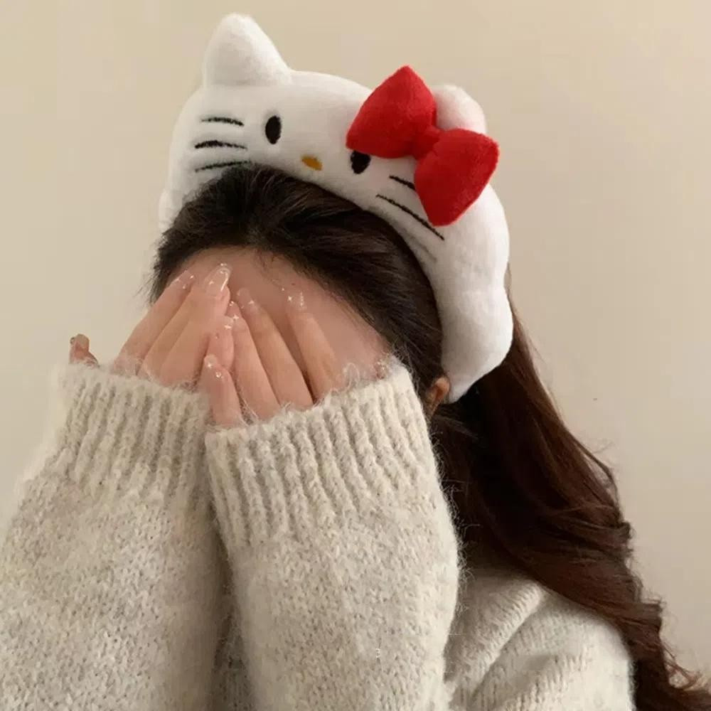 ที่คาดผม Hello Kitty ดีไซน์แมว KT, ที่คาดผมขนฟูน่ารักดีไซน์โบว์, ที่คาดผมกว้างน่ารักสำหรับล้างหน้า, ของขวัญสำหรับสาวๆ