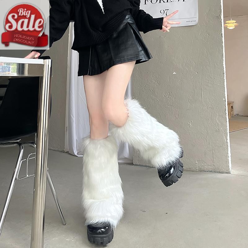 AF สีขาว Faux Fur ขาอุ่น Boot ครอบคลุม Y2K Goth ถุงเท้าขาแข็ง Punk เข่ายาวแฟชั่นถุงเท้าอุ่น A