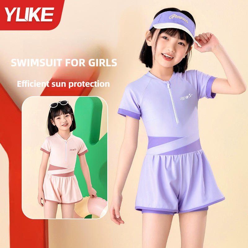 เด็กเด็กชุดว่ายน้ําสาวอนุรักษ์นิยมครีมกันแดดแห้งเร็วว่ายน้ําสาวขนาดกลางขนาดใหญ่เด็กชิ้นเดียว Swimsu