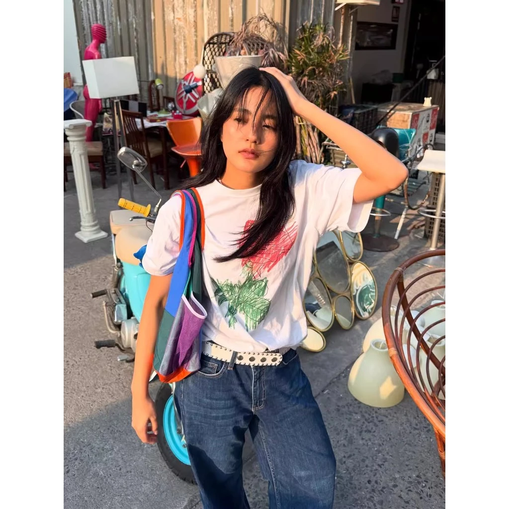 เสื้อยืดแขนสั้นลายดอกกุหลาบ สไตล์เกาหลี
