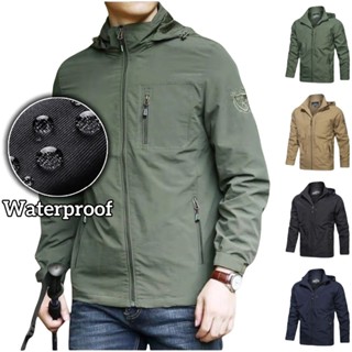 เสื้อแจ็คเก็ตกลางแจ้งกันน้ําสําหรับผู้ชายซิปขึ้นคลุมด้วยผ้าก…