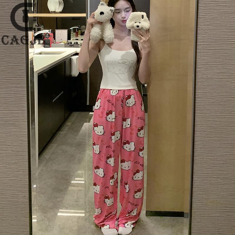 [SSNE] ชุดนอนชุดผู้หญิงฤดูร้อนการ์ตูน Camisole และกางเกงขากว้าง Sweet Home 2 ชิ้นชุดหน้าอก Pad UOM